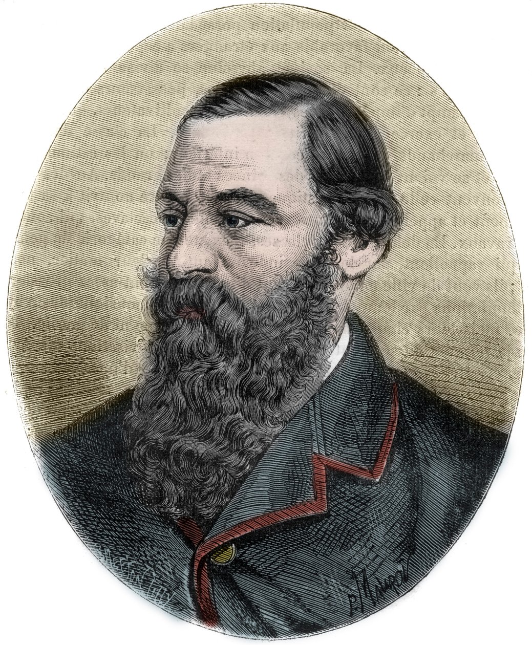 塞缪尔-贝克爵士(1821-1893)的肖像，雕刻自 "十九世纪大航海的图画史"。1877 作者 未知艺术家