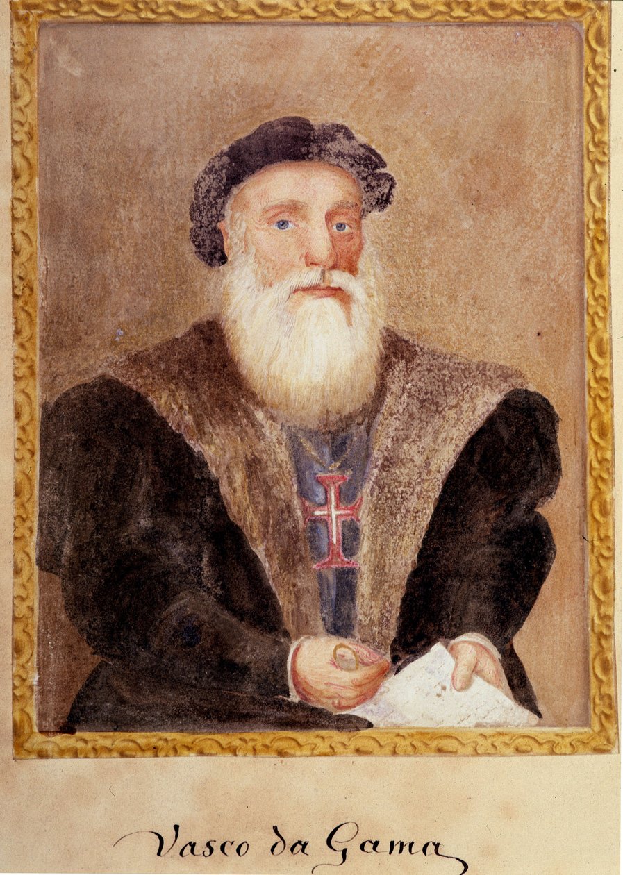 Vasco da Gama 的肖像——在“葡萄牙亨利王子的生活，航海家姓氏”中，理查德·亨利·梅杰 (Richard Henri Major) 作者 未知艺术家
