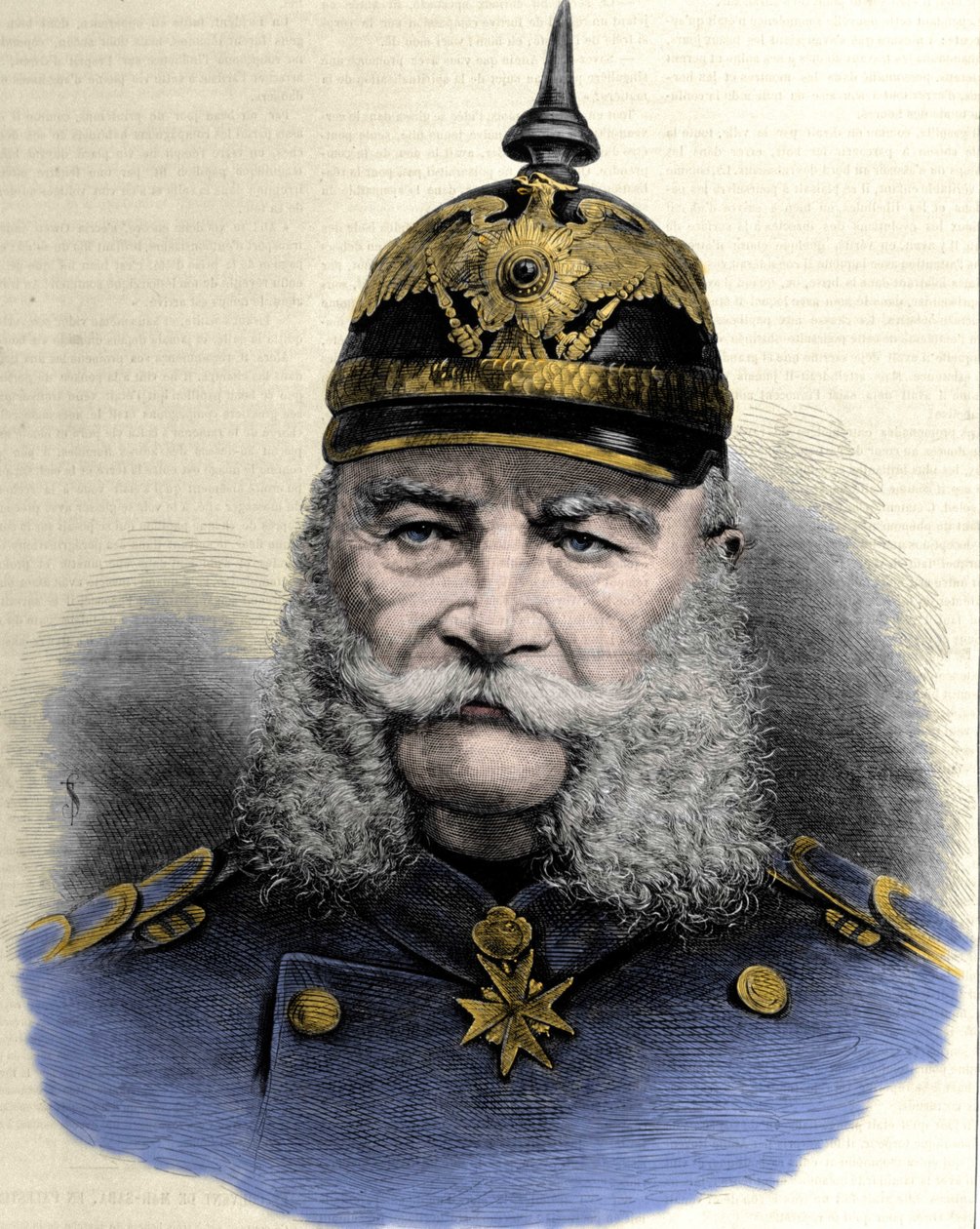 普鲁士国王和德意志皇帝威廉一世 (1797-1888) 的肖像。 雕刻自 19 世纪末。 作者 未知艺术家