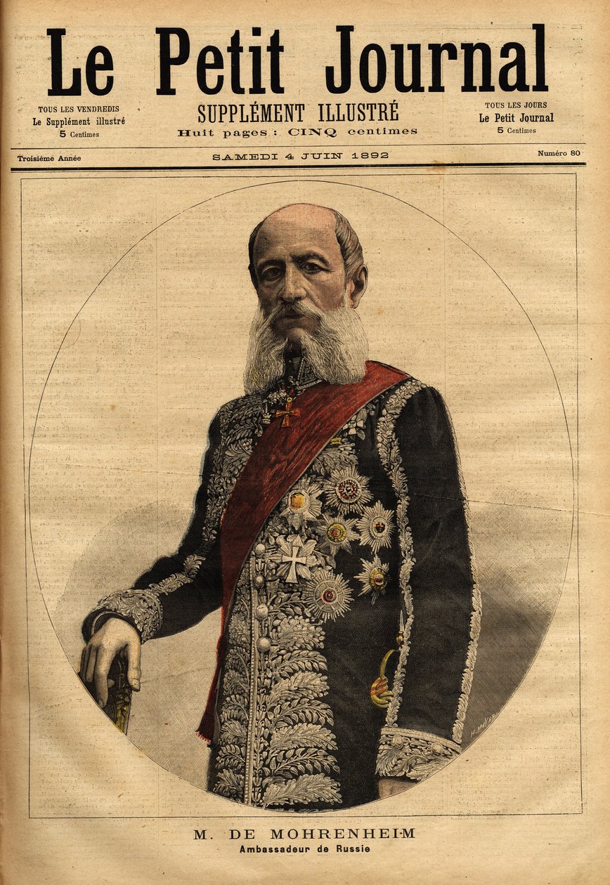 莫伦海姆男爵的肖像，1884至1898年俄罗斯驻法国大使。1892年6月4日 "小杂志 "上的雕刻。塞尔瓦的收藏。 作者 未知艺术家