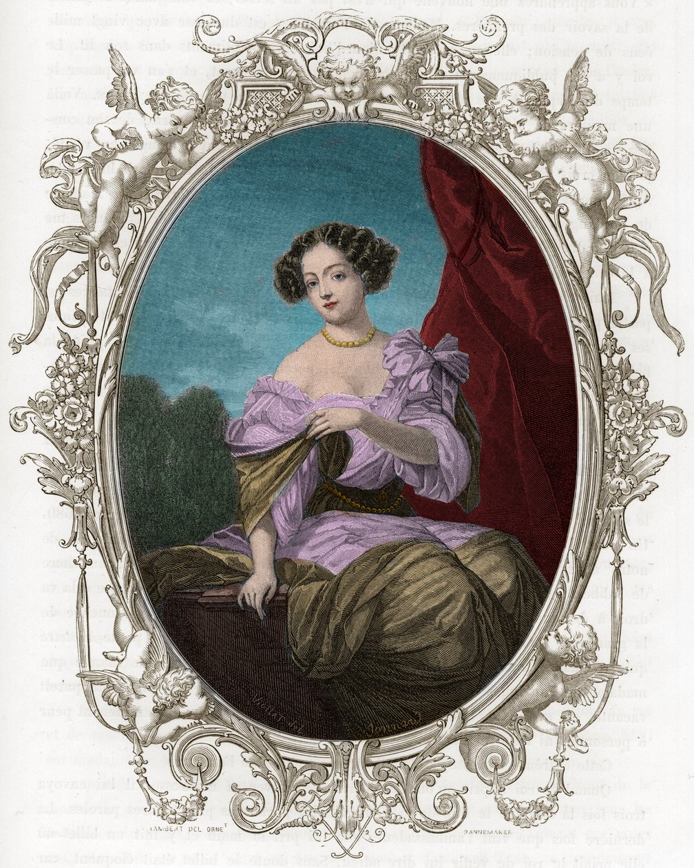 公爵夫人（Mademoiselle）的肖像，作者是丰唐（1661-1681），是路易十四的宠儿--1862年的版画，载于我们第一批作家的《世界女王》--在J G D ARMENGAUD指导下出版。 作者 未知艺术家
