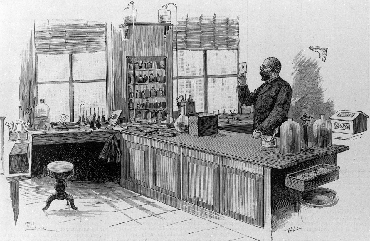 德国医生罗伯特·科赫 (1843-1910) 在他的实验室中的肖像。 作者 未知艺术家