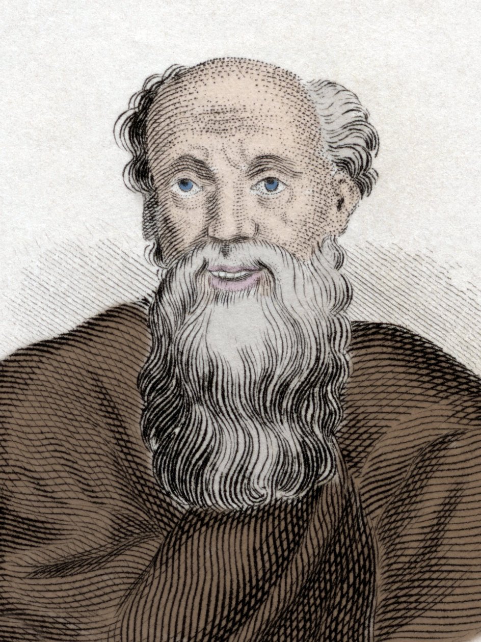 希腊哲学家德谟克利特 (Democritus) (460-370 Av JC) 的肖像，阿卜杜拉的德谟克利特。 19 世纪的雕刻。 作者 未知艺术家