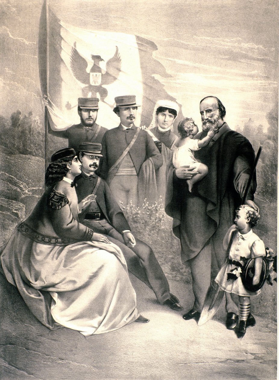 意大利爱国者和 Risorgimento Giuseppe Garibaldi (1807-1882) 英雄的肖像围绕着他的孩子 Menotti、Ricciotti 和 Teresita、Francesca Armosino 以及小曼利奥和克莱利亚。 1870 年左右的插图。私人收藏 作者 未知艺术家