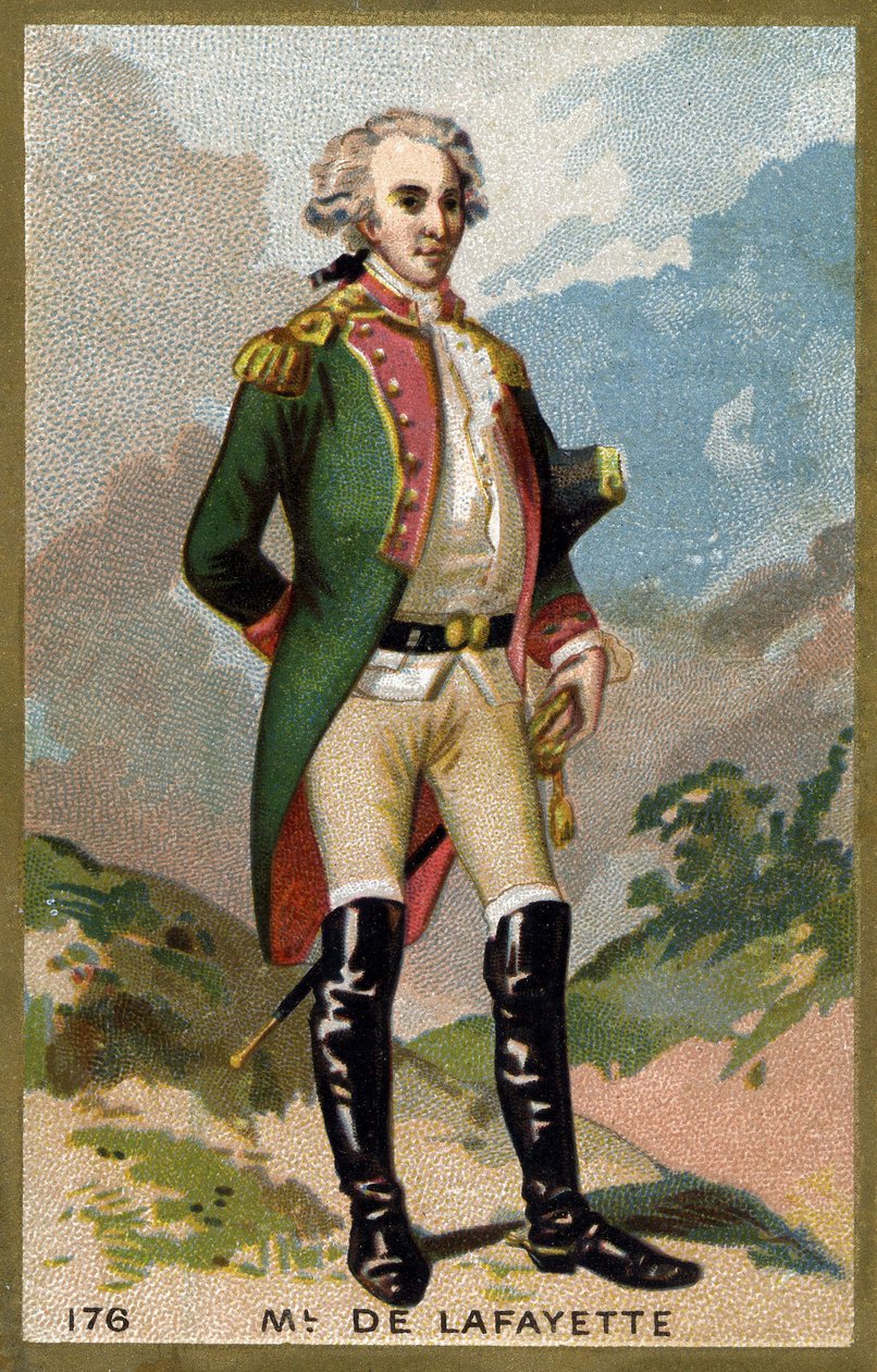 拉法耶特侯爵（Lafayette）的肖像（1757 - 1834）。19世纪末的彩色石版画。 作者 未知艺术家