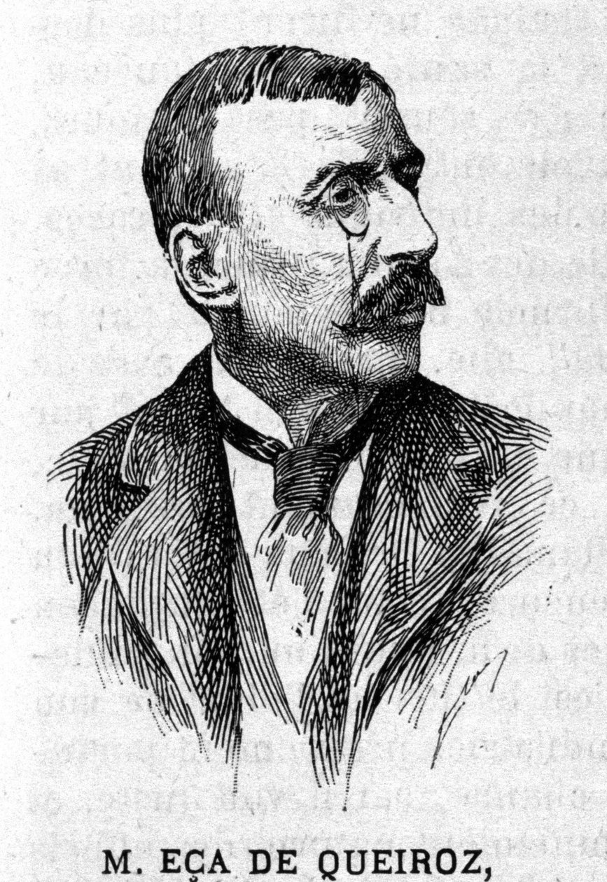 葡萄牙作家和外交官 Jose Maria de Eeca de Queiros 或 Queiroz（1845-1900 年）的肖像。 19 世纪的雕刻 作者 未知艺术家