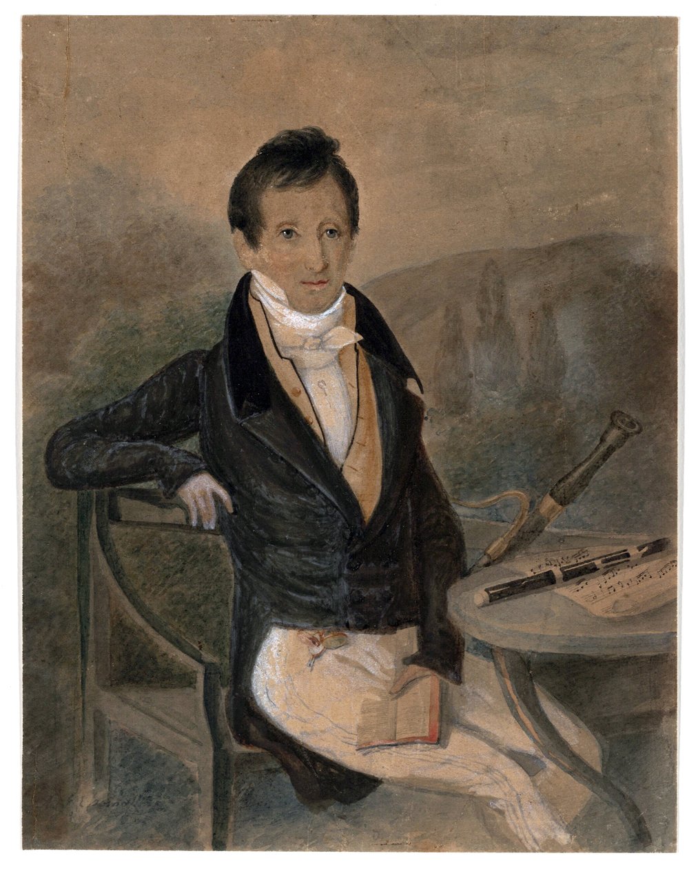 长笛演奏家 Jean-Louis Tulou (1786-1865) 的肖像 匿名，c。 1840 年 - 纸本水彩和白色，20,6x16,2 - 私人收藏 作者 未知艺术家