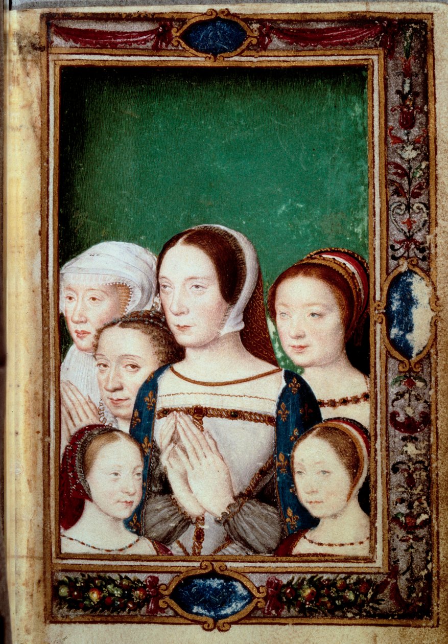 Portraits of the daughters of Francois I and his two wives. Girls: Louise (1515 - 1517). Charlotte (1516 - 1524), Madeleine (1520-1537), Marguerite (1523-1574). Claude of France (1499-1524) and Eleonore of Habsburg (1498 - 1558). Miniature in “” Book of ho 作者 未知艺术家