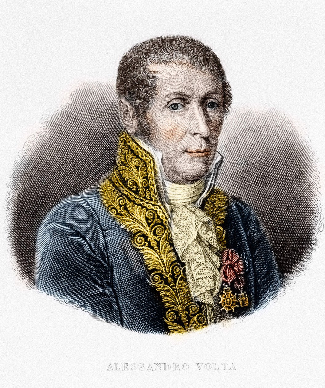 亚历山德罗-沃尔塔（1745 - 1827）的照片。意大利物理学家，电瓶的发明者。19世纪的雕版画 作者 未知艺术家