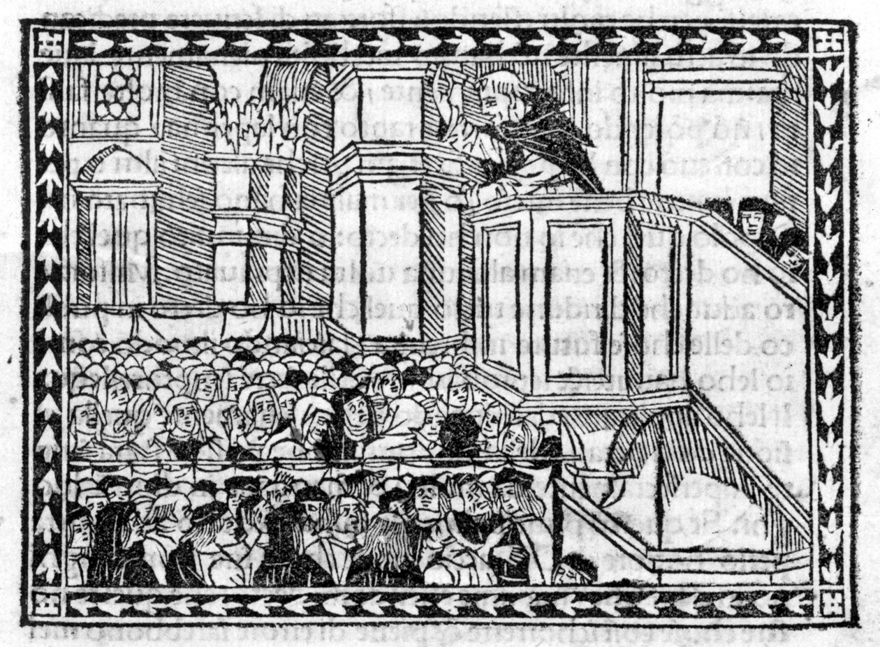 萨沃纳罗拉（Jerome Savonarola）（1452-1498）的说教--载于《启示录汇编》，incunabule of 23/4/1496。 作者 未知艺术家