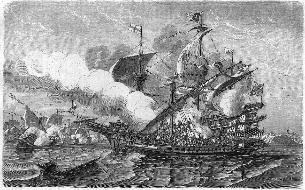 1513年4月，普雷根特袭击了由海军上将爱德华-豪特指挥的英国舰队。19世纪的雕版画。 作者 未知艺术家
