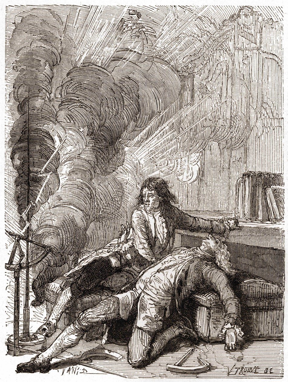 乔治-纪尧姆-里奇曼(Georges Guillaume Richmann)教授(1711-1753)在一次电测仪实验后死在他的工作室里。 作者 未知艺术家