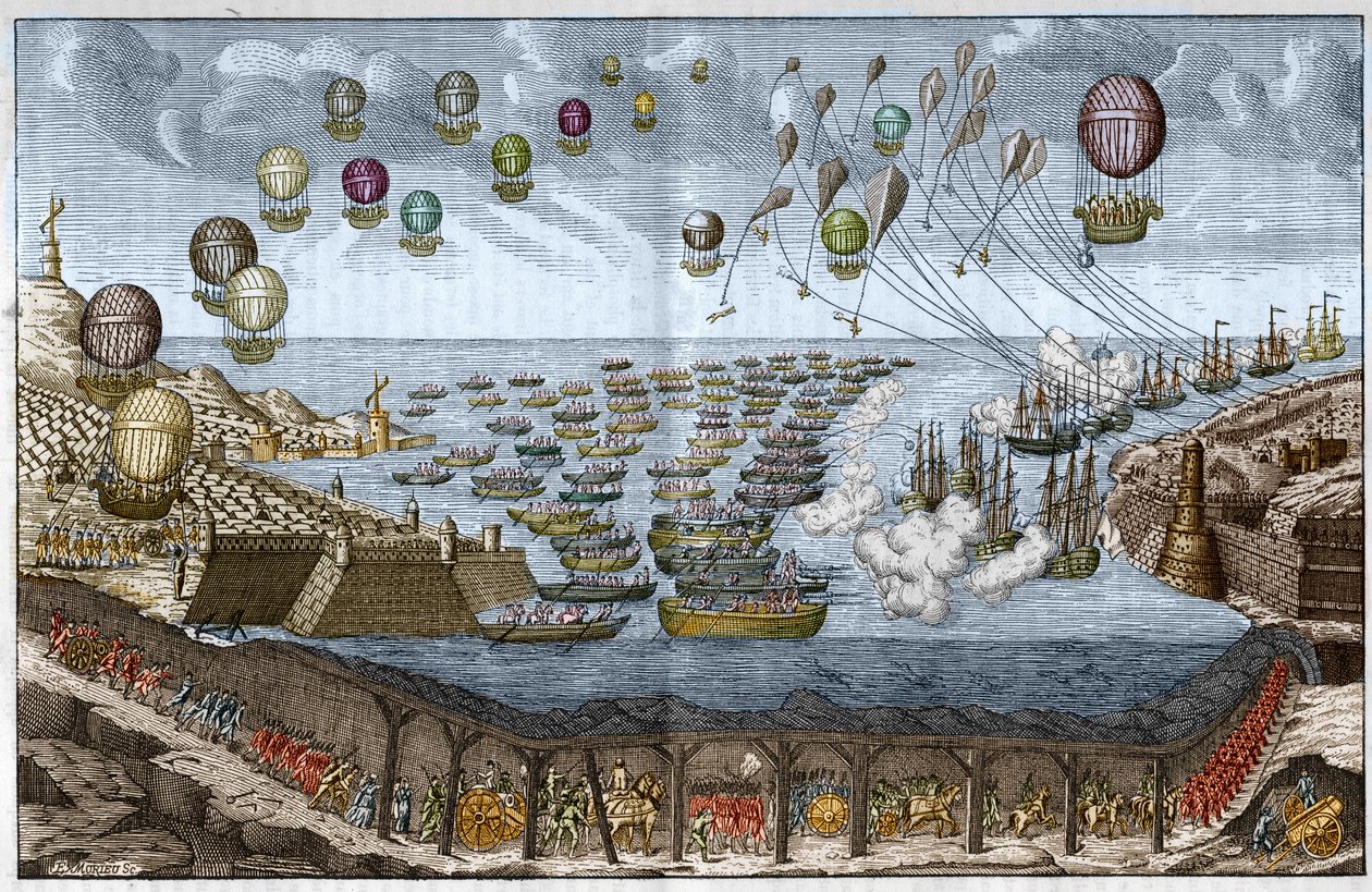 1803年拿破仑一世对英国的攻击（入侵）计划--法国军队走过英吉利海峡隧道，而船只和气球则从海上和空中进行攻击--1803年的雕刻。 作者 未知艺术家