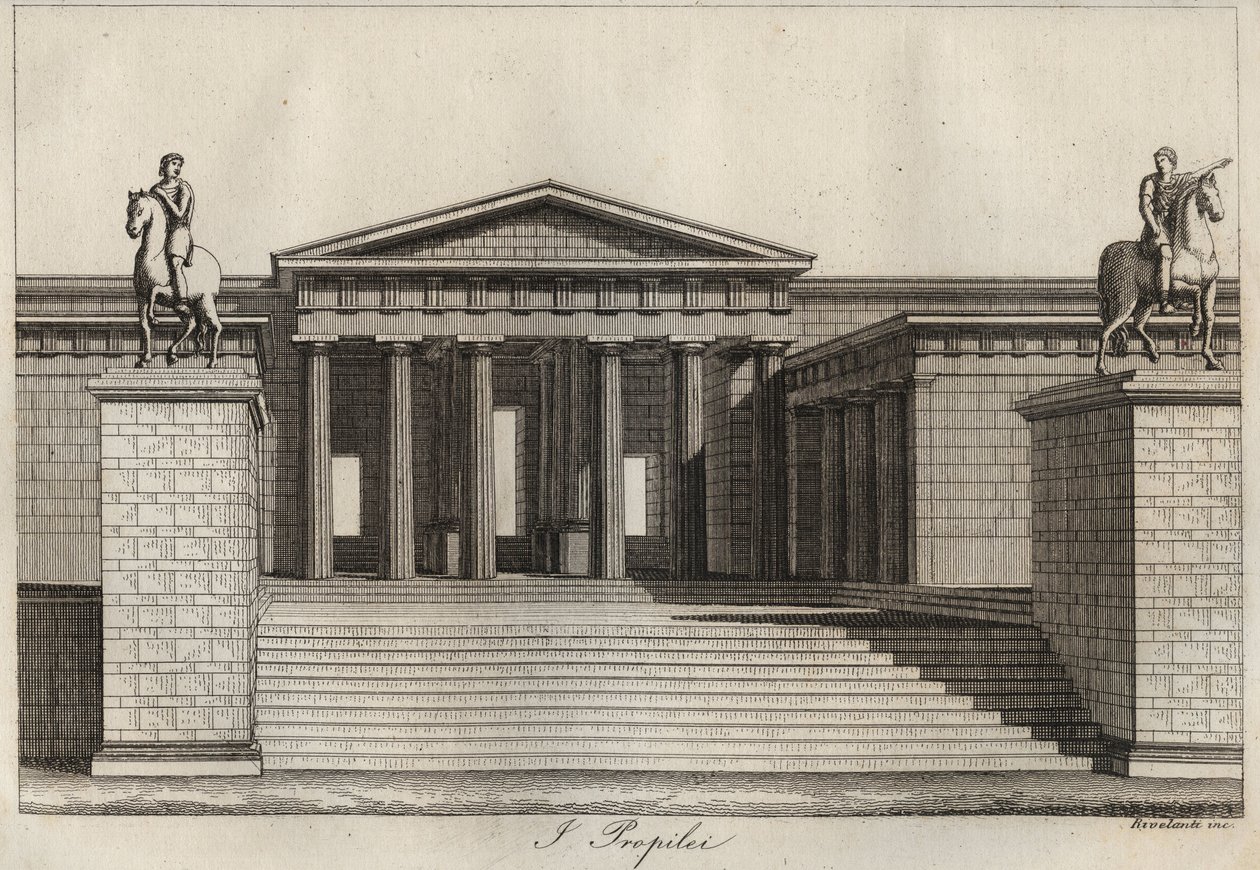 Propylees（Propylaea）（雅典卫城）的雕刻，来自 "宇宙中所有民族的用途和习俗"。或《从最遥远的时代到今天所有国家的政府、法律、民兵、宗教的历史》1856年 作者 未知艺术家