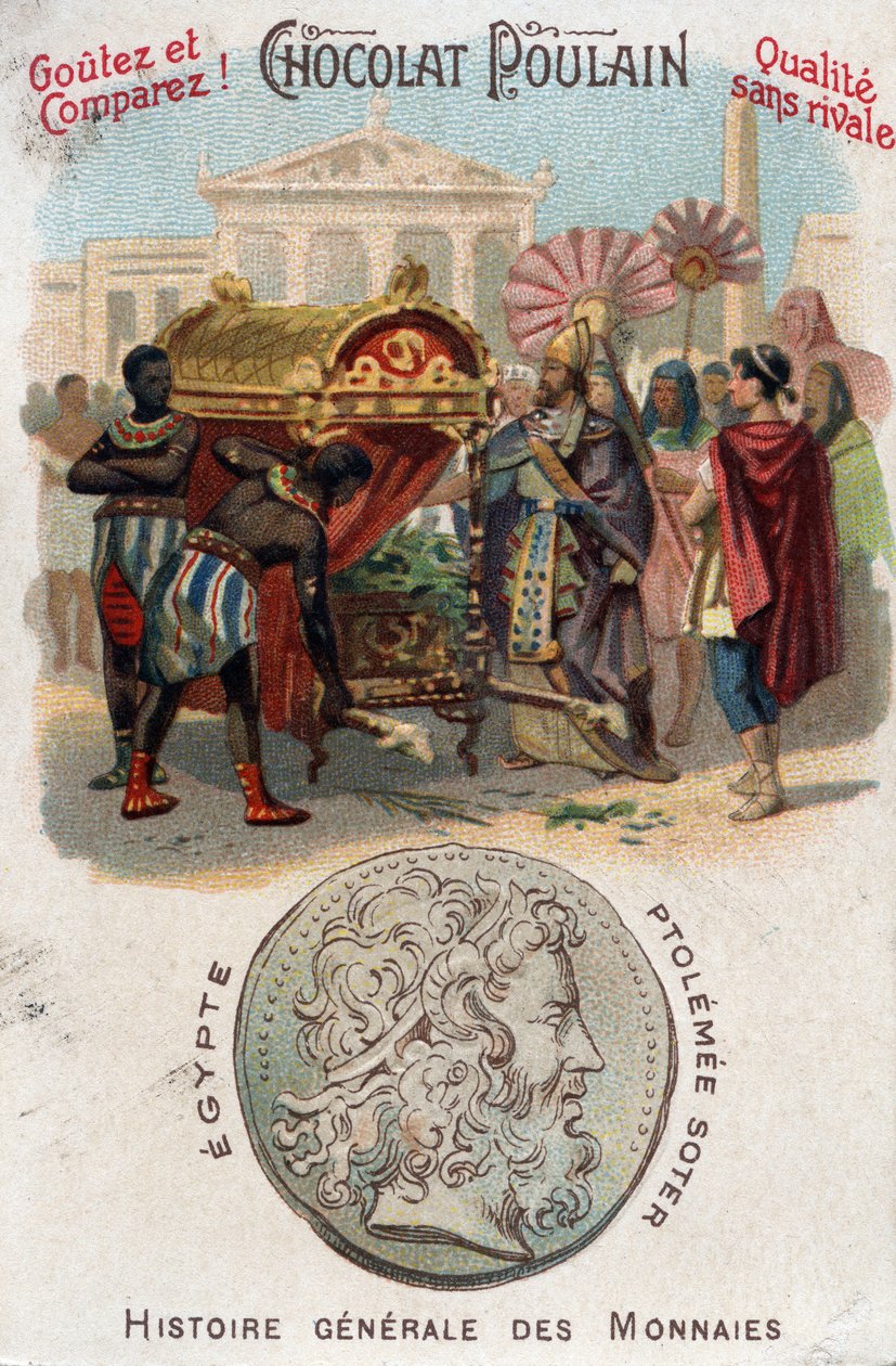Ptolemee一世（公元前360-283年）Soter（救世主）让亚历山大大帝下葬。在《钱币通史》中。19世纪末的巧克力泡沫色板画。私人收藏。 作者 未知艺术家
