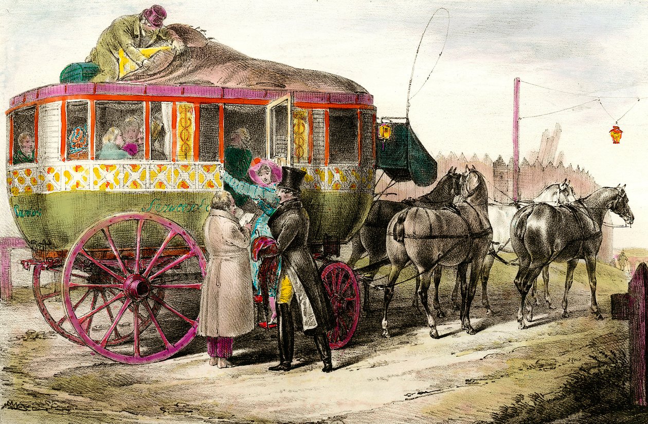 Public transport: passengers entering the Parisienne Diligence. Engraving of the 19th century Private Collection 作者 未知艺术家