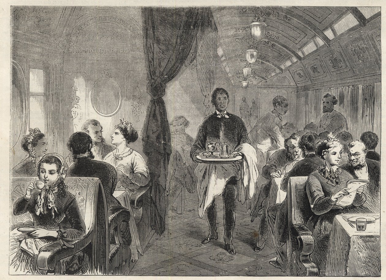 1869年太平洋铁路的普尔曼餐车--太平洋铁路上的马车旅馆内--。 作者 未知艺术家
