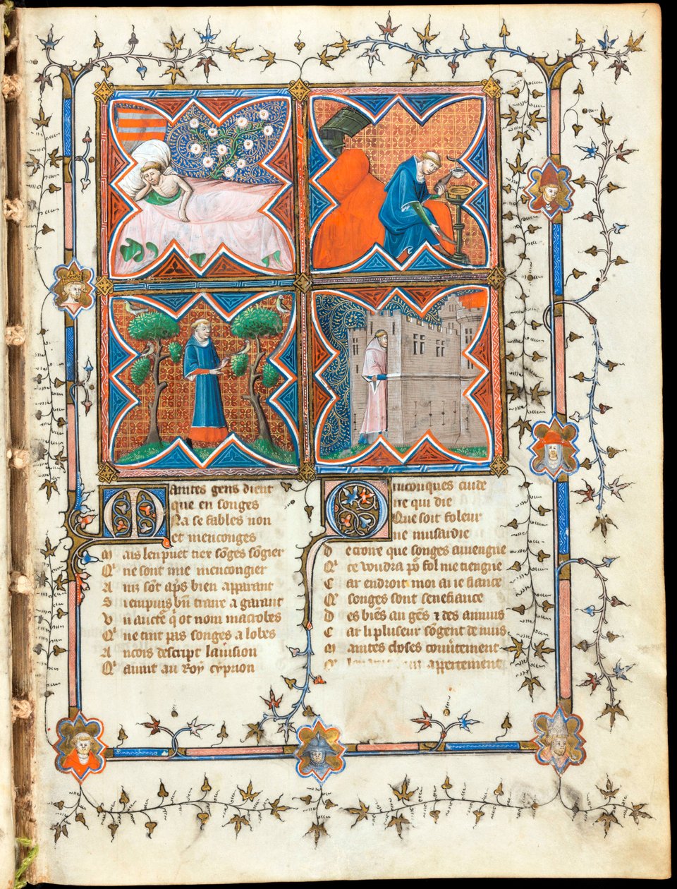 "四个人从事不同的活动"，彩绘页，摘自纪尧姆-德-洛里斯（Guillaume de Lorris，约 1200-1238 年）和让-德-莫恩（Jean de Meun，Meung，1240-1305 年）的手稿 "Le Roman de la Rose"，约 1353 年 瑞士，日内瓦图书馆 作者 未知艺术家