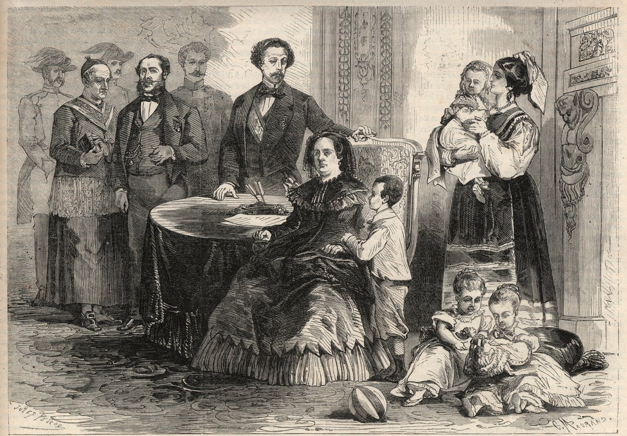 西班牙女王伊莎贝拉二世（波旁的伊莎贝拉）（1830-1904）和波旁的弗朗索瓦-阿西西或西班牙的弗朗索瓦一世（1822-1902）在九月革命（Gloriosa）后与他们的孩子在法国的波尔城堡避难。在他们的孩子中 作者 未知艺术家