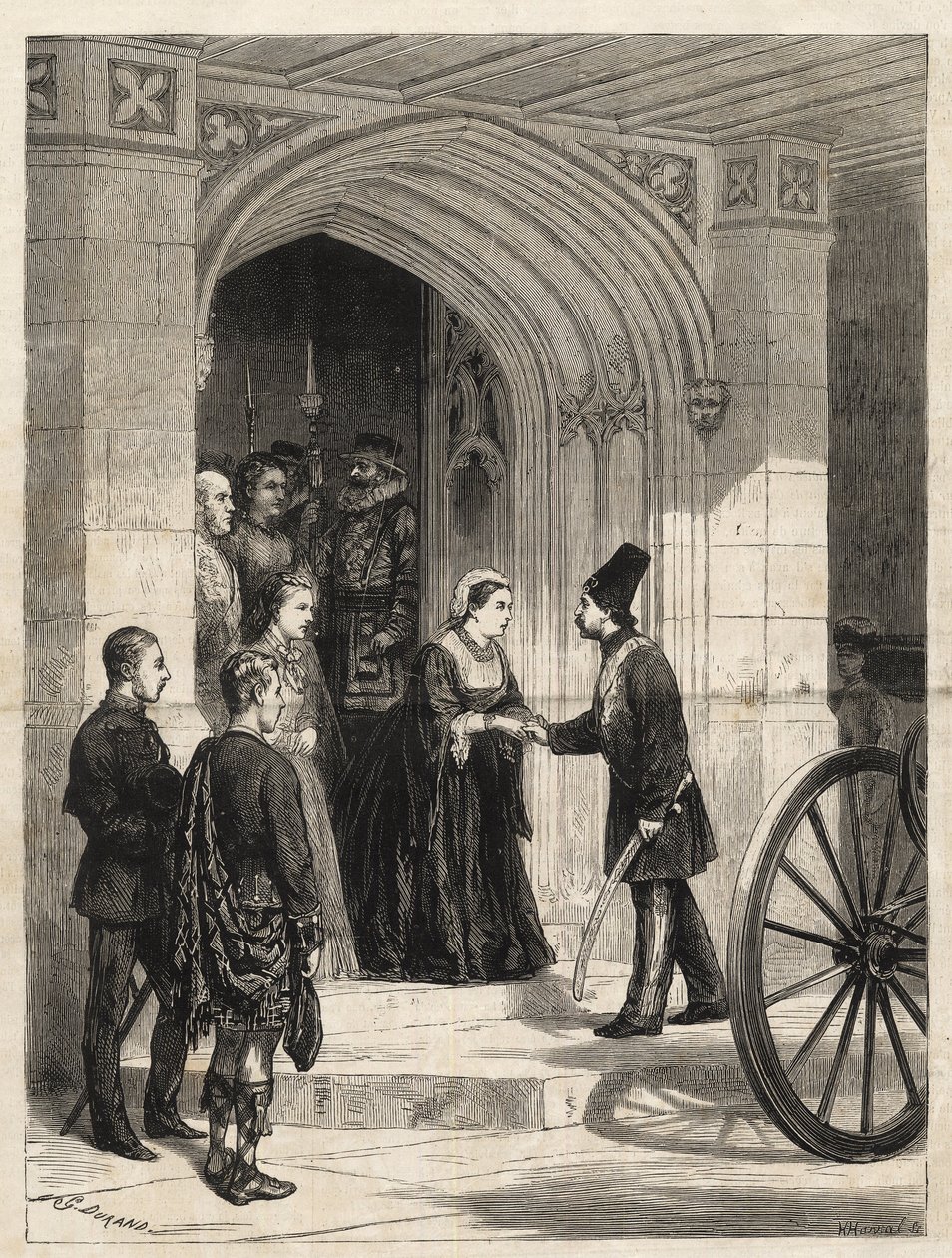 维多利亚女王在温莎城堡的君主入口处接见波斯国王（Naser al-Din Shah Qajar - Nassereddin Shah Qajar）（Nasser al-Din或Nassereddin Shah，Nassiruddin Shah或Nasir al Din）（1831-1896）--插图来自《插图》。 作者 未知艺术家