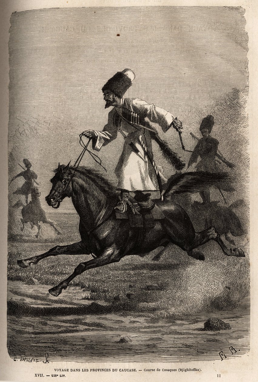 Race of Cossacks, climbs in balance standing on their saddle, riders whip their horses to make them gallop. Engraving to illustrate the voyage in the provinces of the Caucasus, by Basile Vereschaguine, in 1864-1865, published in “” Le tour du monde, nouvea 作者 未知艺术家