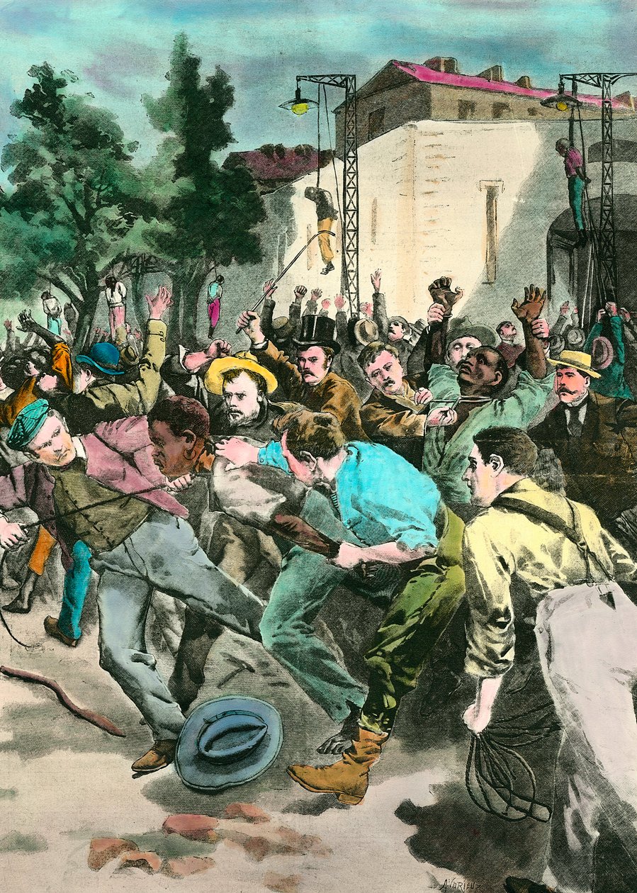 种族主义场景：美国黑人私刑被控杀害白人。 19 世纪的雕刻。 作者 未知艺术家