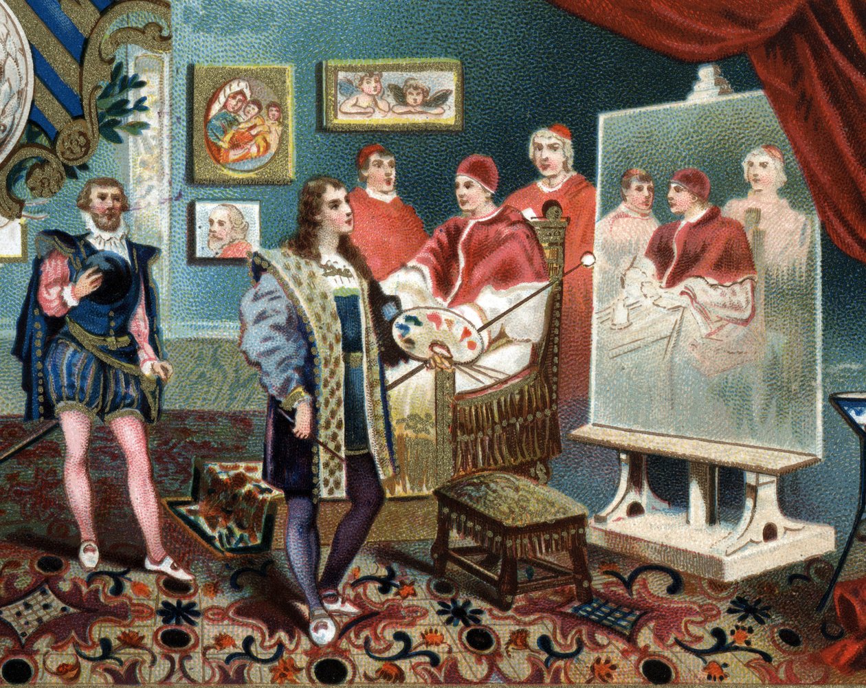 拉斐尔（Raffaello Sanzio）在为教皇莱昂十世（leone 10）画像时，围绕着红衣主教朱尔斯-德-美第奇（Giulio）（教皇克莱门特七世 作者 未知艺术家