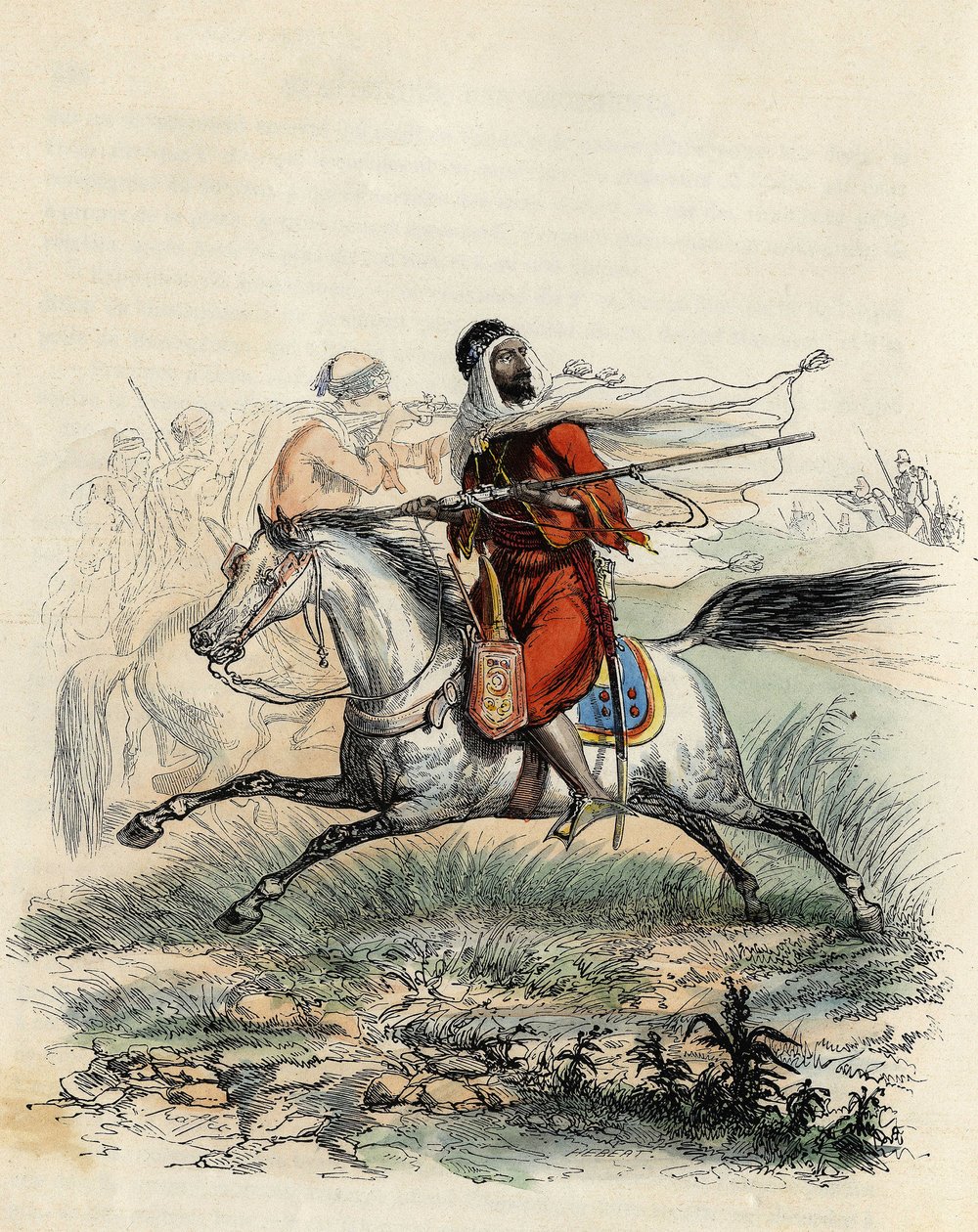 1841年在奥兰被法军马背上的猎人逃离的埃米尔-阿卜杜勒-卡德尔的红色骑兵，载于Leon Galibert的 "L