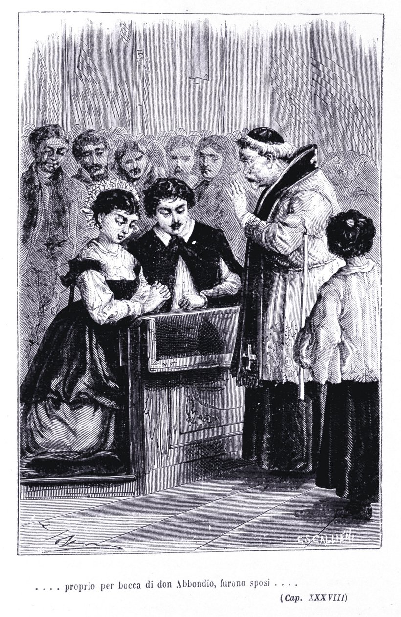 伦佐和露西亚的婚礼。 亚历山德罗·曼佐尼（Alessandro Manzoni，1785-1873 年）的“未婚夫”（I promessi Sposi）雕刻 作者 未知艺术家