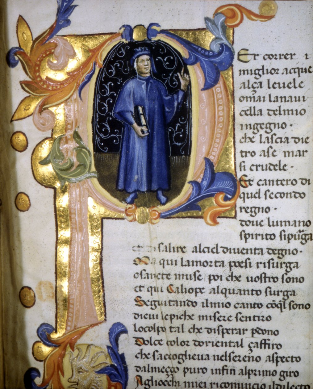 Representation in a lettrine of the poet Dante Alighieri (1265 - 1321), miniature 14th century. 作者 未知艺术家