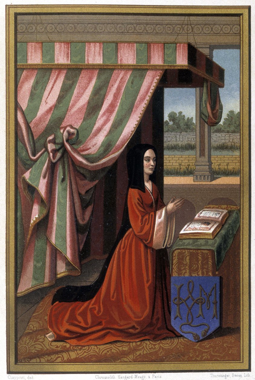 被称为 Anne de Beaujeu (1461-1522) 的 Anne de France 在祈祷中的代表。 她是路易十一和夏洛特·德·萨瓦的女儿。 光照后的色谱法。 作者 未知艺术家
