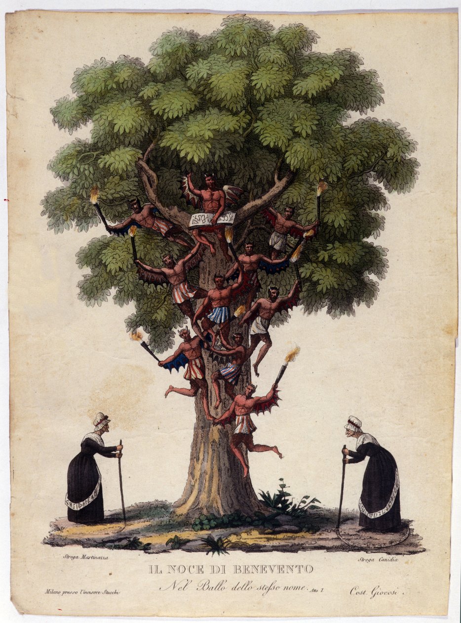 Benevent 核桃、女巫和恶魔的代表是奥地利作曲家 Franz Xaver Sussmayr（1766-1803）芭蕾舞剧“Il noce di Benevento”的灵感来源。 19 世纪的插图 作者 未知艺术家