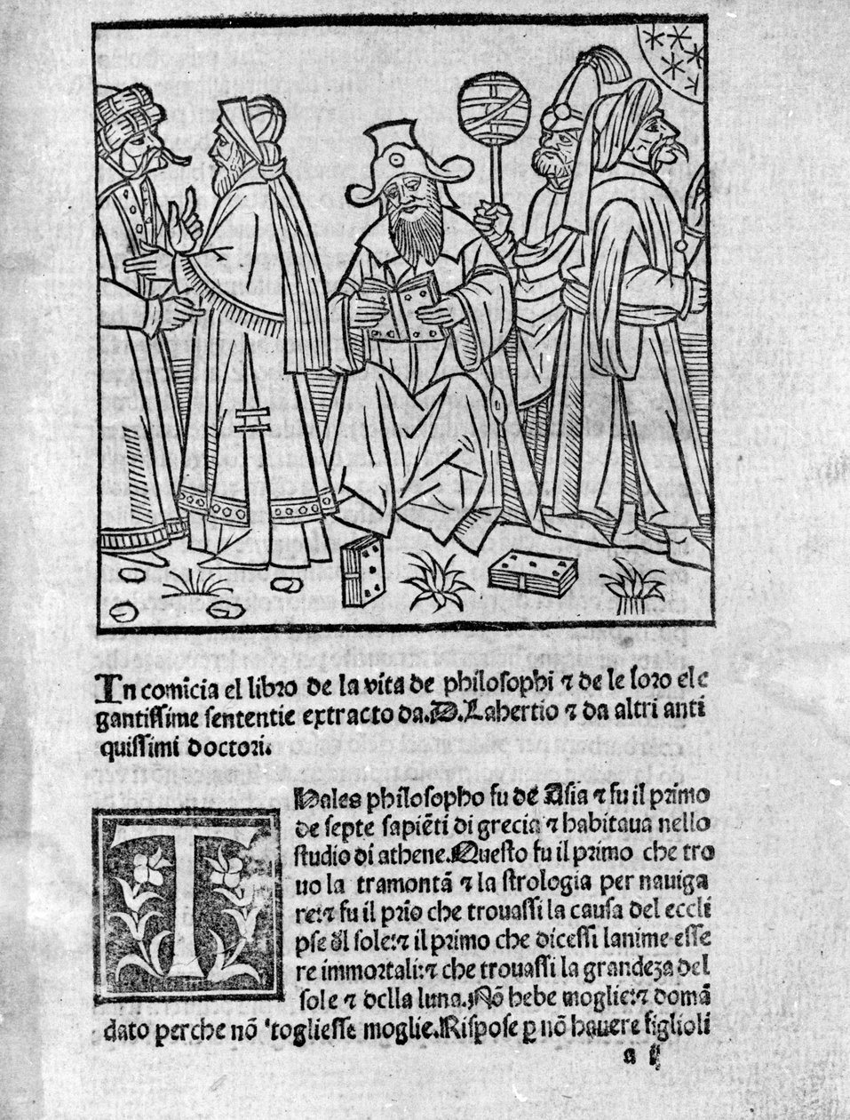 Diogene Laerce(120-240)(中间)围绕着各种思想家和哲学家的代表画像 页面取自诗人和历史学家Diogene Laerce(120-240)的《杰出哲学家的生活、学说和句子》(Vitae Philosophorum) 1495年 作者 未知艺术家