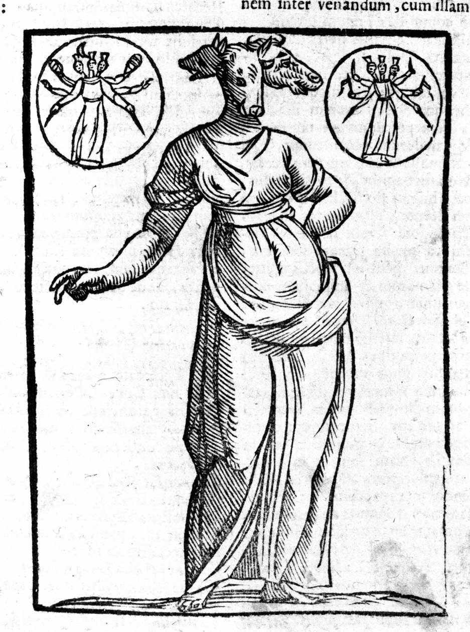 Representation of Hecate, Greek evil deity, who was erected at the crossroads, usually had three heads. Engraving of the 17th century. 作者 未知艺术家