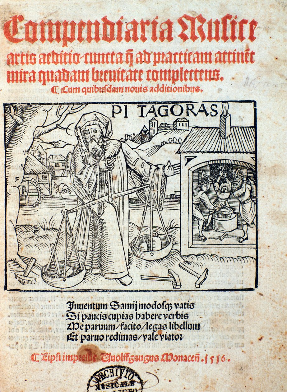 毕达哥拉斯的表现，来自 Compendiara musica (1516) 作者 未知艺术家