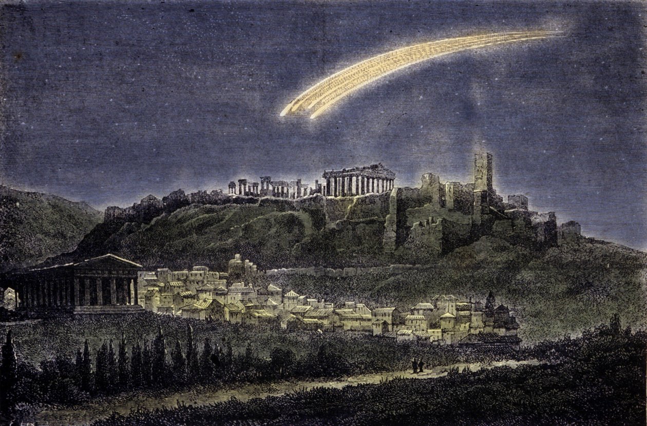 1878 年雅典城上空的彗星图。 作者 未知艺术家