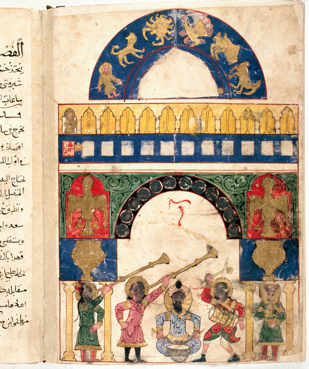 土耳其工程师Ibn al-Rajjaj al-Jazari（Al Rajjaj Al Jazari）（1136-1206）设计的水裂纹（时钟）和一个日历的代表。它区分了黄道十二宫的圆圈、太阳、月亮 作者 未知艺术家