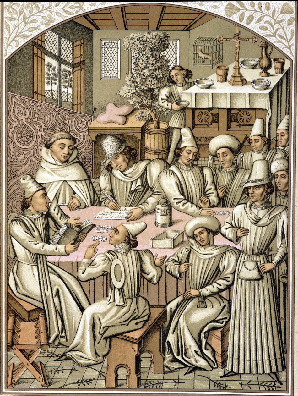 Representation of civil servants in the 14th century. chromolithographfrom the book of accounts of the confraternity “Dio e Nostra Signora”” 作者 未知艺术家