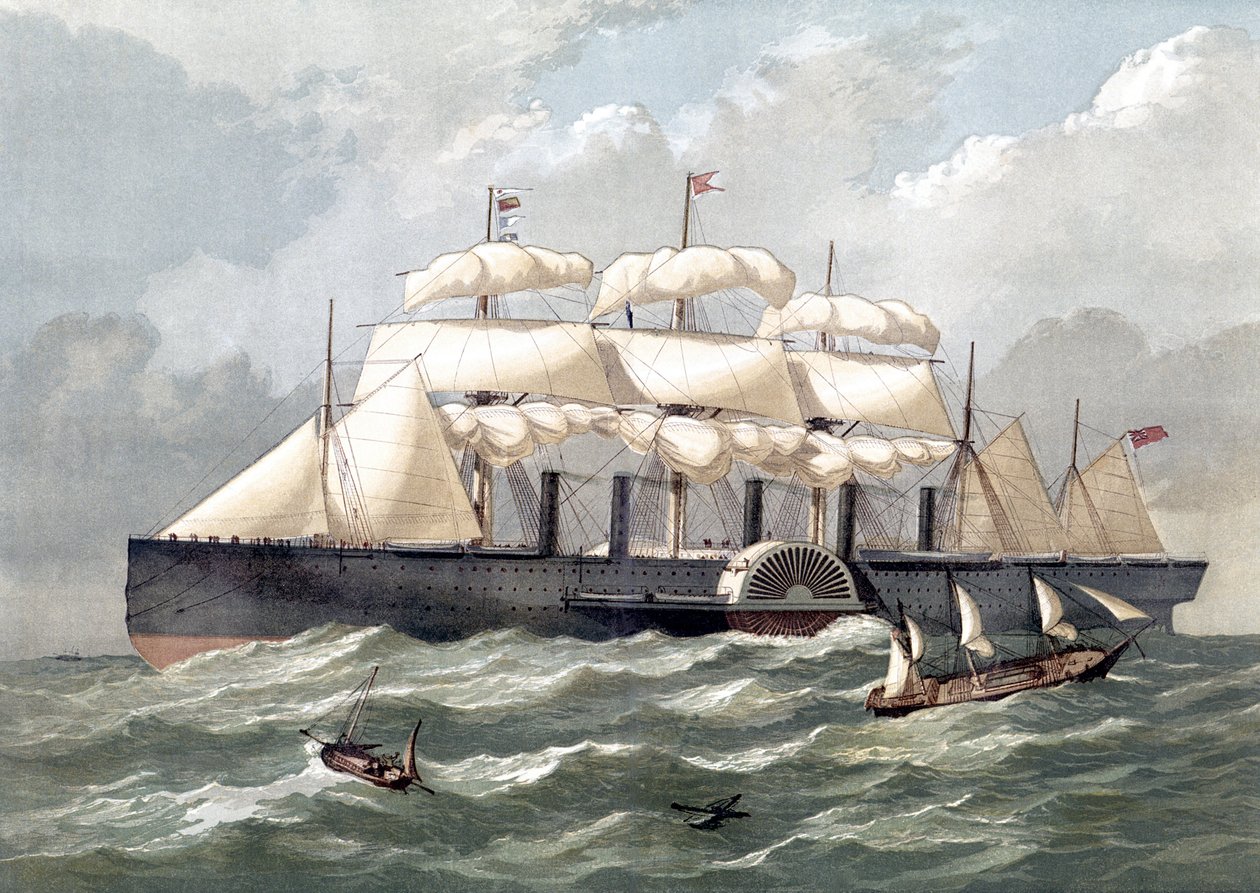 代表英国船舶 Great Eastern，第一艘巨型班轮，于 1858 年落成，由 Isambard Kingdom Brunel 设计（Isambard Kingdom Brunel 设计的大东方铁帆船） - 19 世纪 作者 未知艺术家