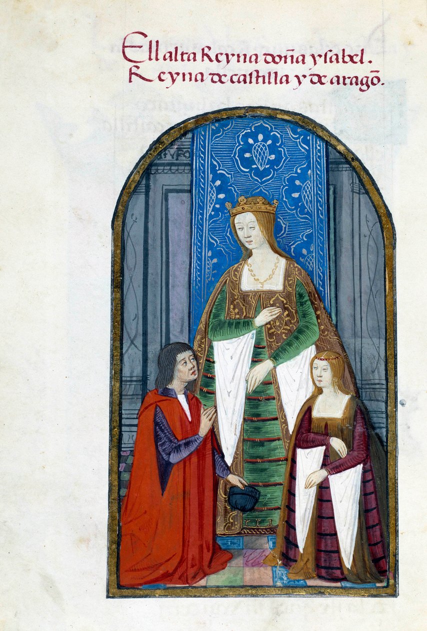 西班牙女王天主教伊莎贝拉 (1451-1504)、她的女儿珍妮·伊尔 (1479-1555) 和佩德罗·马奎罗的代表。 佩德罗·马尔 (Pedro Mar) 的“西班牙王后 Joan the Folle (1479-1555) 的奉献收藏”中的手稿页 作者 未知艺术家