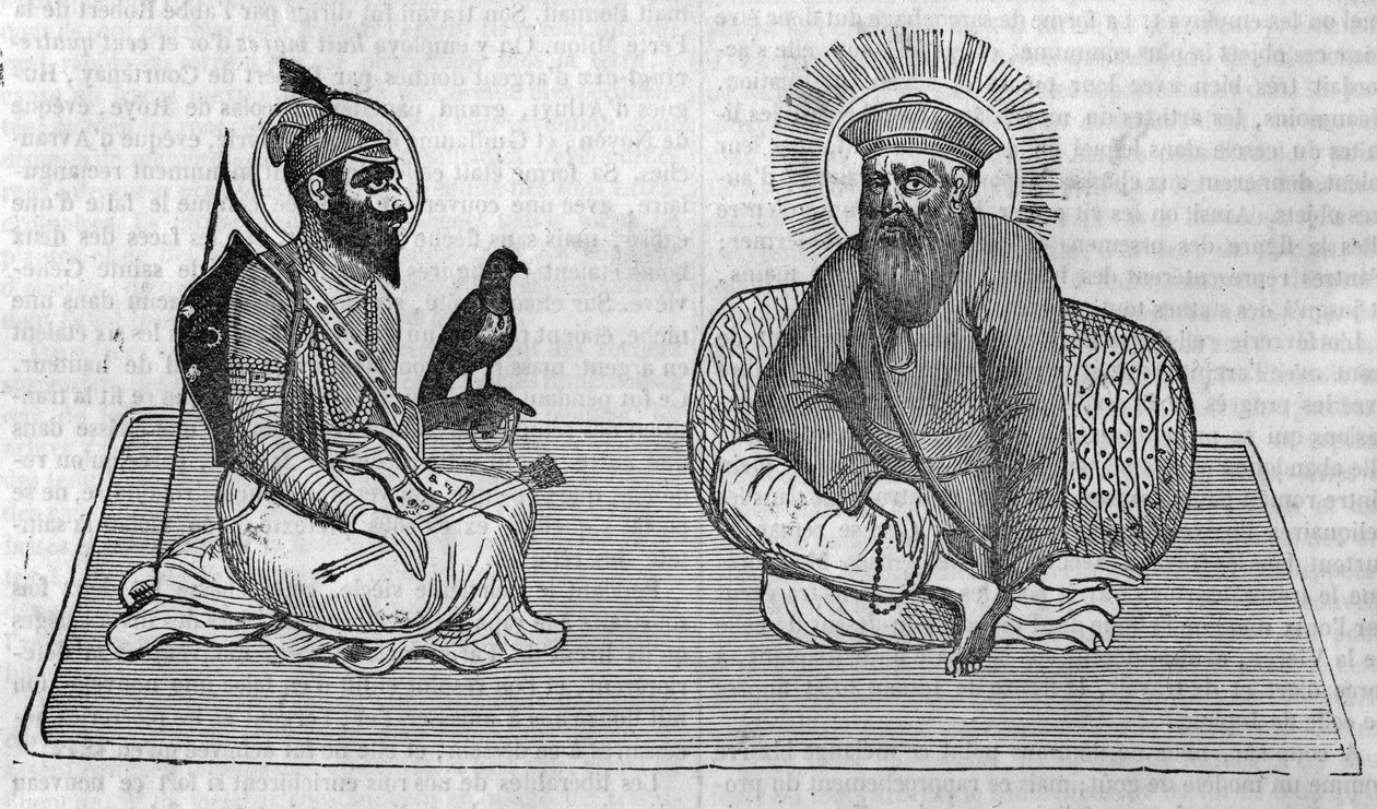 代表锡克教（或锡克教）的创始人。古鲁-纳纳克（1469-1539）和古鲁-戈宾德-辛格（1666-1708）。在 "Le magazin picturesque" 1836年 作者 未知艺术家
