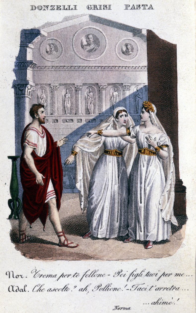 文森佐·贝利尼（1801 - 1835 年）首次代表“La Norma”的口译员代表：从左到右 Domenico Donzelli (Pollione)、Giuditta Grisi (Adalgisa) 和 Giuditta Pasta (Norma)。 1833 年。 作者 未知艺术家