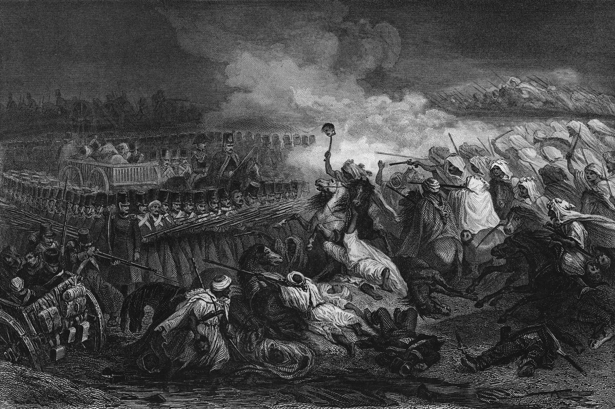 1837年法军在君士坦丁形成的广场前的阿拉伯人退场，载于Leon Galibert的 "Algerie ancienne et moderne"。 作者 未知艺术家