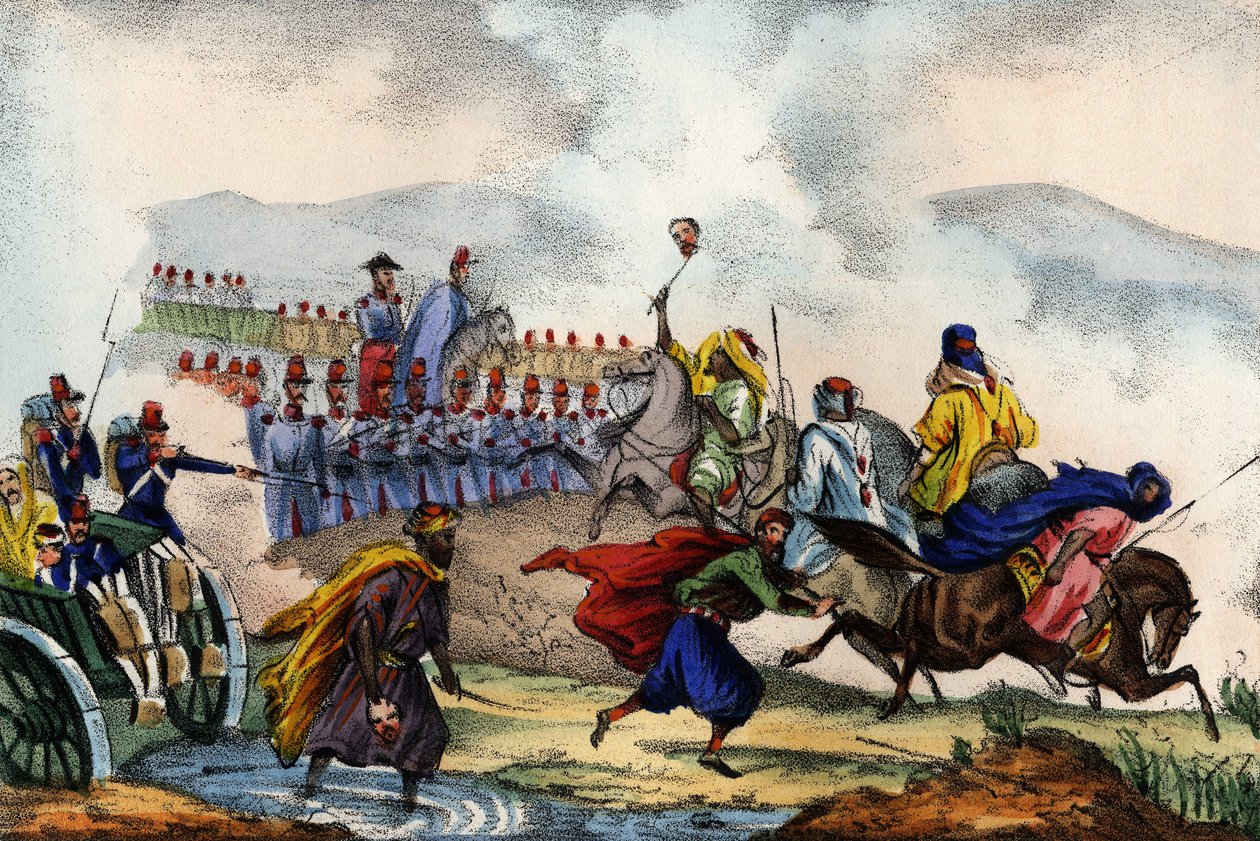 1837年在君士坦丁的非洲法军形成的广场前的阿拉伯人的退役情况。载于《阿尔及尔历史》，作者莱昂内-加利贝尔，第二卷。 作者 未知艺术家