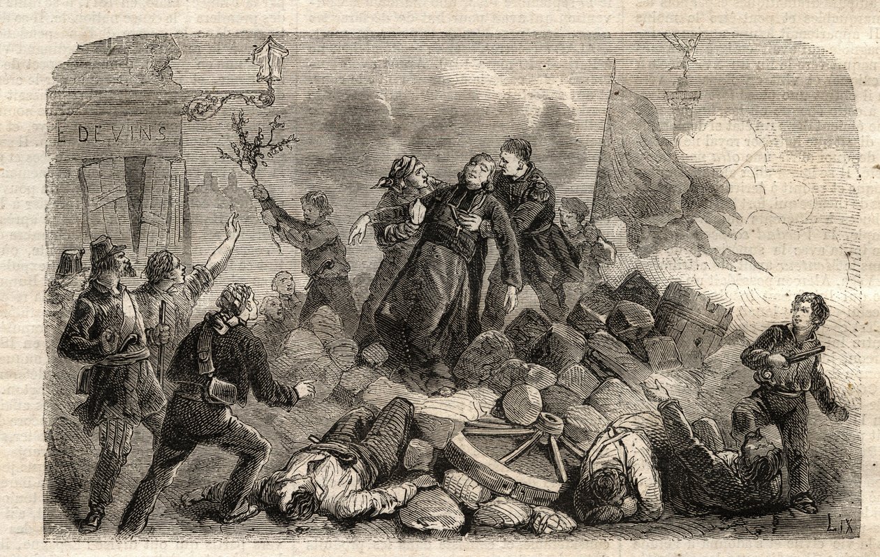 1848年革命。"1848年6月26日，巴黎圣安托万街垒上的德尼-阿弗尔大主教（1793-1848）（Do o mon dieu que mon sang soit le dernier verse）（Death Denis Affre Archbishop of Paris）。 作者 未知艺术家