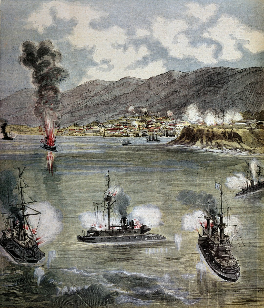 智利革命：1891 年对瓦尔帕莱索的袭击。插图取自“”补充说明杜佩佩特期刊”“”1891。巴黎，B.N. 作者 未知艺术家