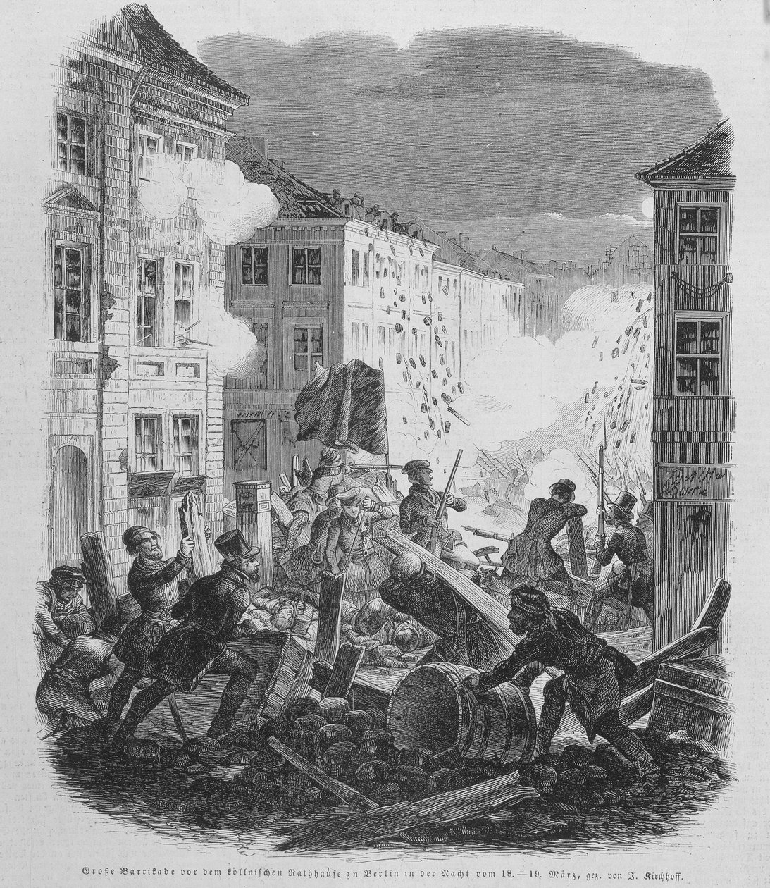 1848 年 3 月革命：1848 年 3 月 19 日在柏林设置路障。 普鲁士的弗雷德里克·威廉四世将被引导接受统一和自由政府。 作者 未知艺术家