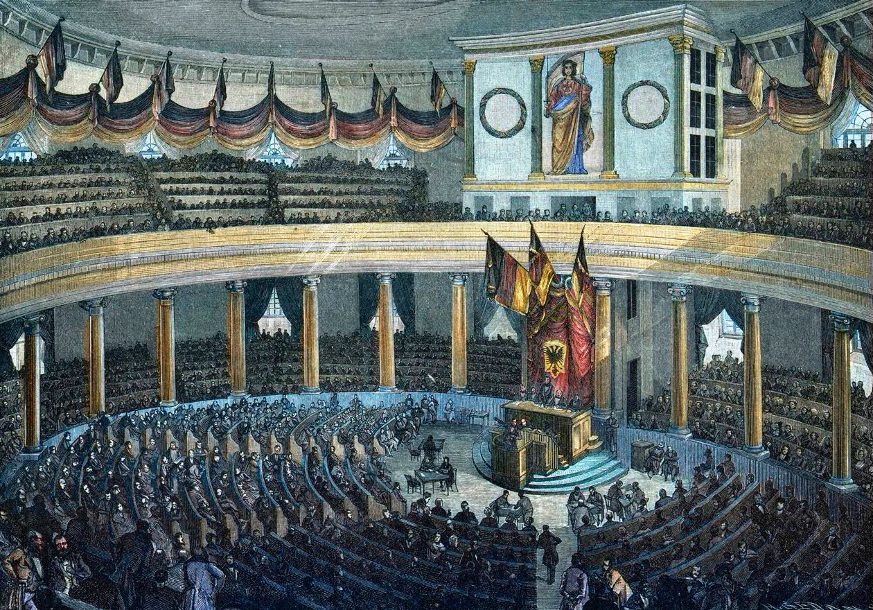 1848-1849年的革命。在美因河畔法兰克福的圣保罗教堂举行的德国国民议会--彩色木刻版画 作者 未知艺术家