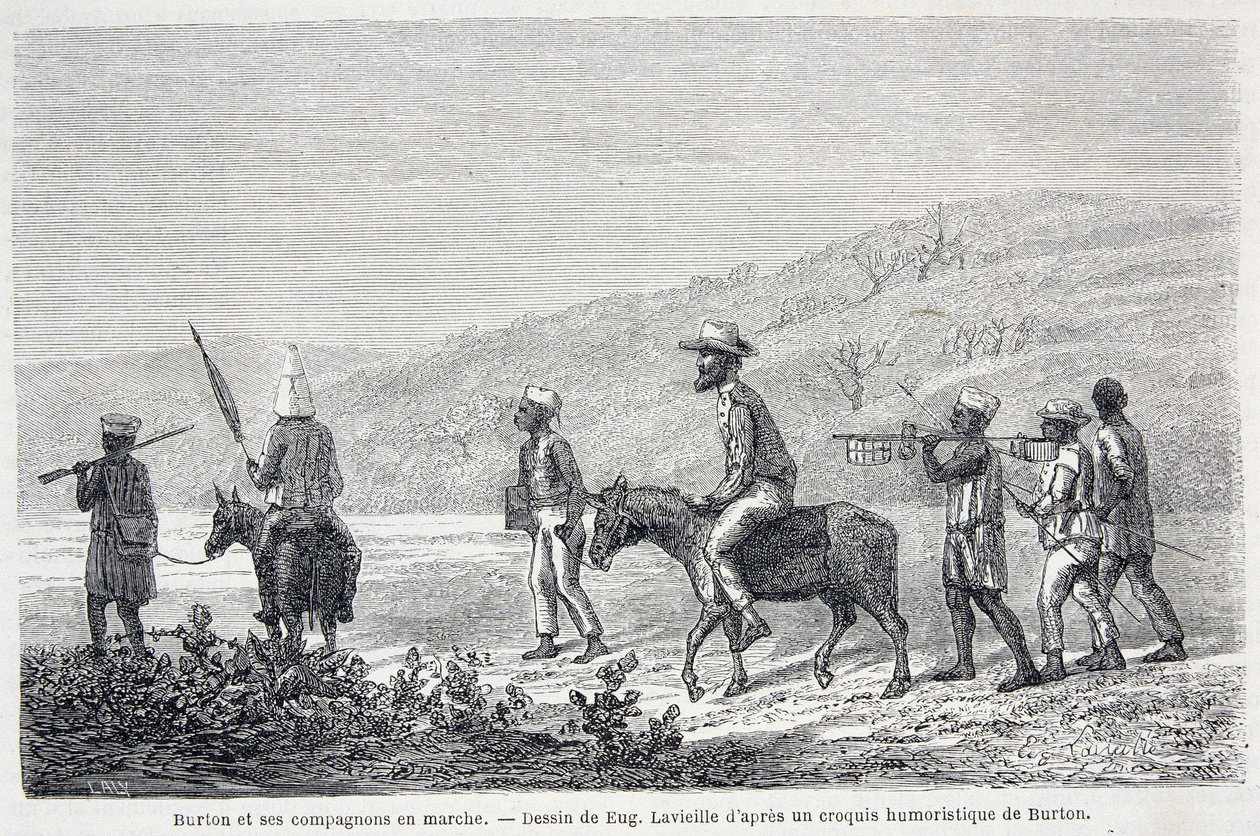英国探险家理查德·弗朗西斯·伯顿（1821-1890 年）和他在非洲的同伴。 插图“伯顿船长的非洲五大湖之旅 1857-59 年”——在“世界之旅”中，第二学期。 1860 作者 未知艺术家