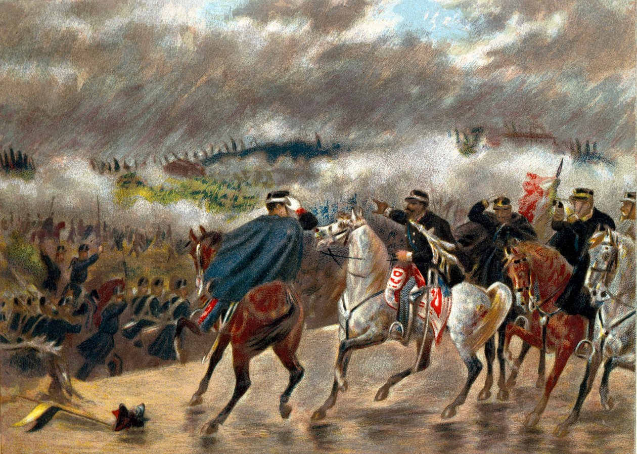 Risorgimento - 意大利战役（1859 年）：维克多·伊曼纽尔二世（Vittorio Emanuele II）（Victor-Emmanuel）（1820-1878 年）在圣马蒂诺战役期间于 24/06/1859 率领皮埃蒙特军队对抗奥地利军队。 私人收藏 作者 未知艺术家
